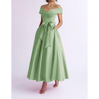 TS A-Line Cocktail Dresses Elegant Dress Wedding Guest Kentucky Derby Tea Length Short Sleeve Off Shoulder Pocket Satin with Bow(s) 2025