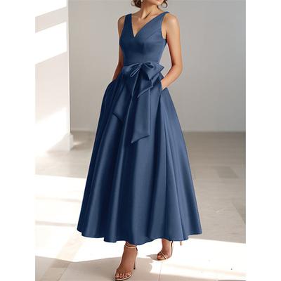 TS Beach Wedding A-Line Cocktail Dresses Elegant Dress Wedding Guest Kentucky Derby Tea Length Sleeveless V Neck Pocket Satin with Bow(s) 2025