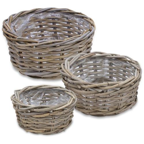 Pflanzschale aus Rattan im 3er Set - 30 / 26 / 21 cm - Blumentopf mit Folie ausgekleidet - Garten