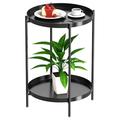 Drevy Tray End Table - Metal Side Table 2 Tier Nightstand Round Accent Coffee Table Sofa Side Table Waterproof Indoor Outdoor Snack Table Removable Tray Table for Living Room Bedroom Office Black