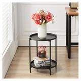 2 Tier Round Metal Side Table Tiered Metal End Tables Coffee Table Simplistic Sofa Table Waterproof Removable Tray Table Indoor Outdoor Accent Table for Living Room Bedroom (Black)