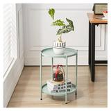 2 Tier Round Metal Side Table Folding Metal End Tables Coffee Table Simplistic Sofa Table Waterproof Removable Tray Table Indoor Outdoor Accent Table for Living Room Bedroom (Green)