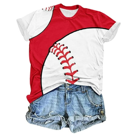 Women s Baseball Graphic Tops Basic Tees for Sports Short Sleeve Loose Fit Flowy Tunic Tops Summer Clothes for Teen Girls Vintage Round Neck Blouse Fashion 2024 Dressy Casual Tops Red T Shirts L