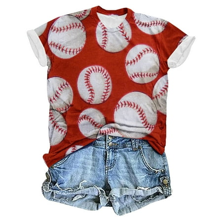 Women s Baseball Graphic Tops Basic Tees for Sports Short Sleeve Tunic Tops Loose Fit Flowy Summer Clothes for Teen Girls Vintage Fashion 2024 Round Neck Blouse Y2K Tops Dressy Casual Red T Shirts XL