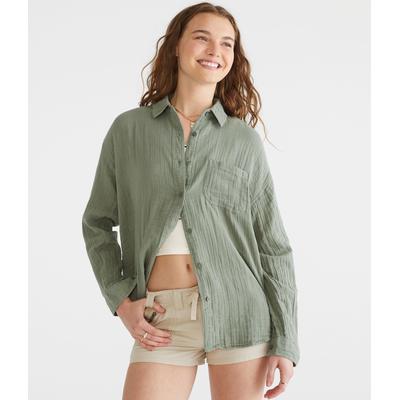 Aeropostale Womens' Long Sleeve Gauze Oversized Shirt - Green - Size XL - Cotton