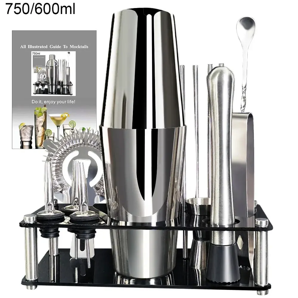 13-teiliges 750 ml 600 ml Cocktail-Shaker-Set, Bar-Werkzeuge aus Edelstahl mit schwarzem Ständer, 750 ml Shaker, Jigger, Löffel, Ausgießer Image