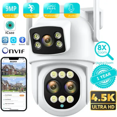 9mp 4k hd wifi ip kamera im freien 8x zoom dual bildschirme 6mp ptz wifi überwachungs kamera auto tracking nachtsicht icsee app cam