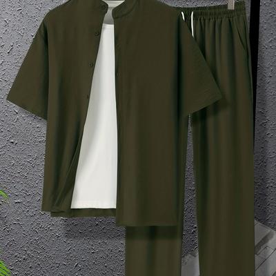 TEMU Plus Size 2pcs Men's Clothes Band Collar Button Short Sleeve Shirt And Drawstring Pants Set For , Coquette Style Image