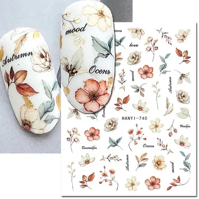 3d Nail Art Decals Autumn Retro Dry Leaves Flowers Buds Letters Adhesive Sliders Nail Stickers For