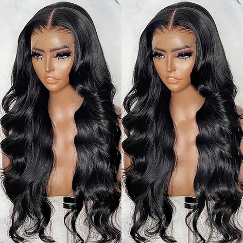 Echthaar-Perücken für Frauen, 13 x 4 Körperwellen-Lace-Front-Perücken, Echthaar-Lace-Front-Perücken, vorgezupft, 150 % Dichte, Lace-Frontal-Perücken, natürliches Schwarz, 22-Zoll-Körperwellen-Perücken Image