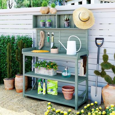 65" Large Wooden Farmhouse Outdoor Potting Bench Table with 4 Storage Shelves and Side Hook