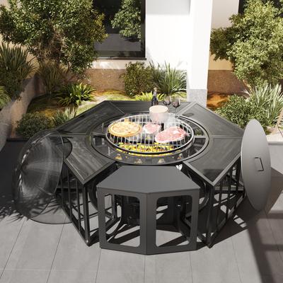 59'' Outdoor Patio BBQ Fire Pit with Grill, Stainless Steel Side Tables and Lids