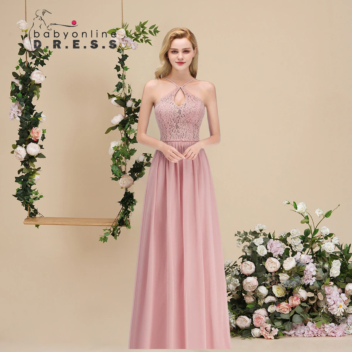 Baby online sexy Halfter staubige Brautjungfer Kleid V-Back rücken frei rosa lange Maxi Chiffon Rock Hochzeits feier Gast kleid Image