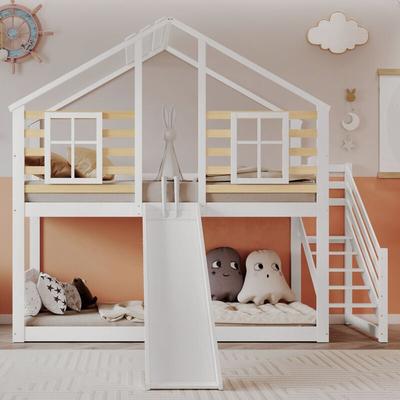 Etagenbett, Holzbett mit Treppe und Gitter, mit Rutsche und Fenster, Blockhaus Kinderbett mit Image
