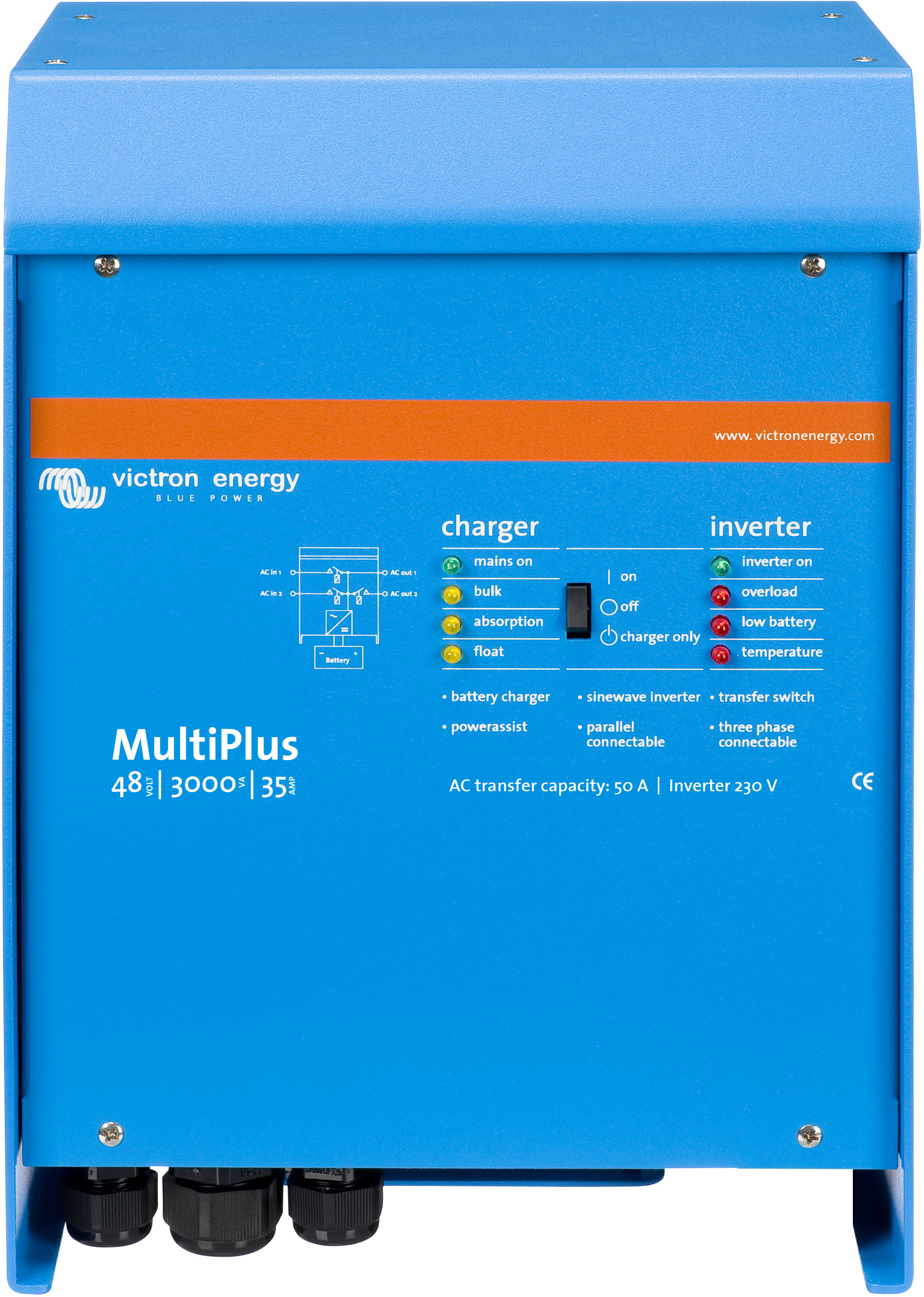 Wechselrichter VICTRON ENERGY "»Inverter / Charger Victron MultiPlus 48/3000/35-50 230V VE.Bus«", blau, B:25,8cm H:21,8cm L:36,2cm, Aluminium, Wandler, 3000 W, 48 VDC Image