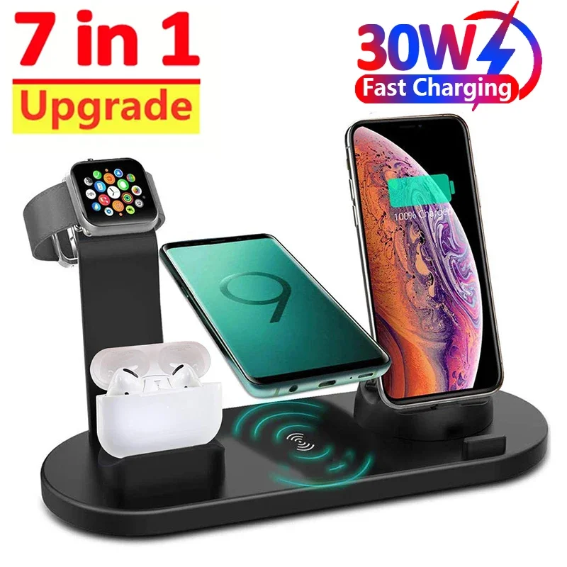 7 in 1 kabelloses Ladegerät Stand Pad für iPhone 15 14 13 12 11 x Apple Watch Airpods Tisch telefon Ladegeräte Schnell ladestation Image