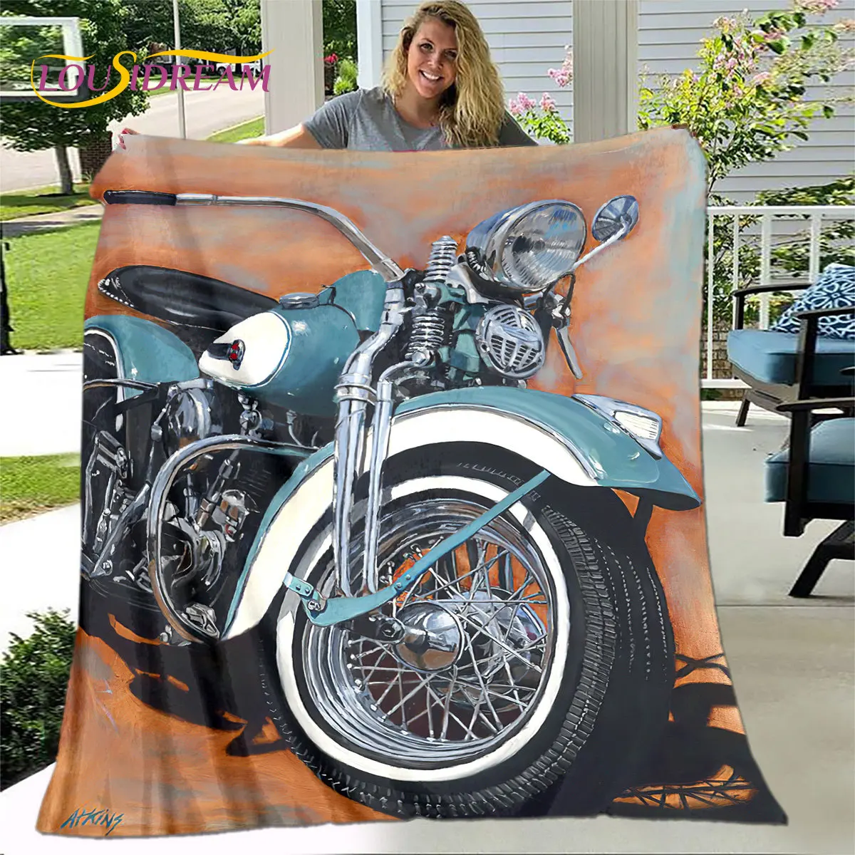 3D Retro Vintage Motorrad Weiche Plüsch Decke, flanell Decke Decke für Wohnzimmer Schlafzimmer Bett Sofa Picknick Abdeckung Geschenk Image