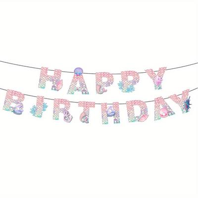 TEMU 1pc, Mermaid Happy Birthday Banner Pull Flag Pull Flower Mermaid Party Banner Fish Scale Holiday Birthday Party Wall Decoration Supplies, Mermaid Theme Party Decor Supplies Image