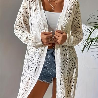 TEMU White Hollow Out Cover Up Shirts, V Neck Long Sleeves Mid Stretch Casual Cardigan, Women's Swimwear & Clothing For Holiday Image