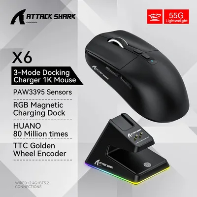 X6 PAW3395 Bluetooth Mouse , Tri-Mode Connection, RGB Touch Magnetic Charging Base, Macro Gaming