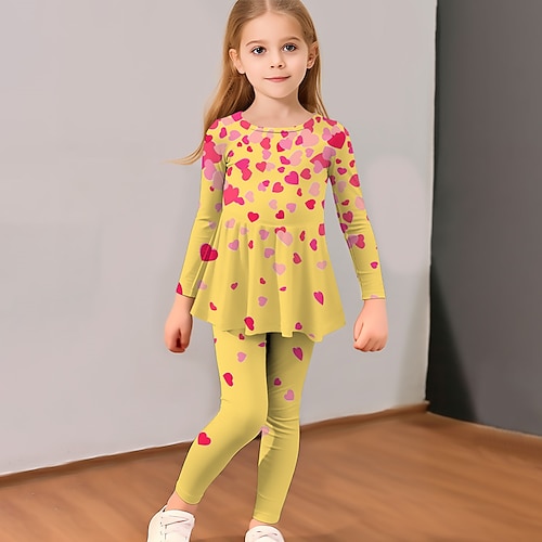 Mädchen 3D Herz T-Shirt und Leggings Rüschenkleid-Set Langarm 3D-Druck Herbst Winter Aktiv Modisch Täglich kinderkleidung 3-12 Jahre Outdoor Urlaub Verabredung Regular Fit Image