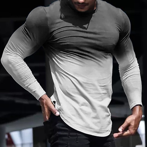 Herren T Shirt Cooles Hemd Langarmshirt Langarm Rundhalsausschnitt Frühling Herbst Farbverlauf Einfach Lässig Bequem Urlaub Straße Ferien Dunkelgrau Braun Blau / Weiß Top T-Shirt für Herren Image