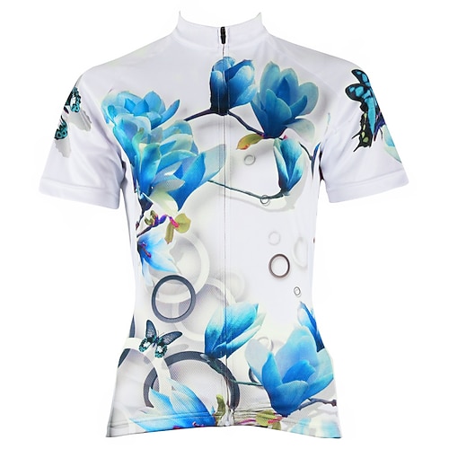 Damen Radtrikot Gemustert Blumenmuster Blume Kurzarm Fahhrad Trikot Oberteil mit 3 Gesäßtaschen Mountainbike MTB Straßenradsport Schnelltrocknend UV-beständig Rückentasche Schweißableitend Sport Wei Image