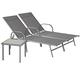 Harbour Housewares 3 Piece Sun Loungers and Table Set - 2 Garden Adjustable Loungers with 1 Side Table - Adjustable Reclining Outdoor Patio Sunbed Furniture - Grey