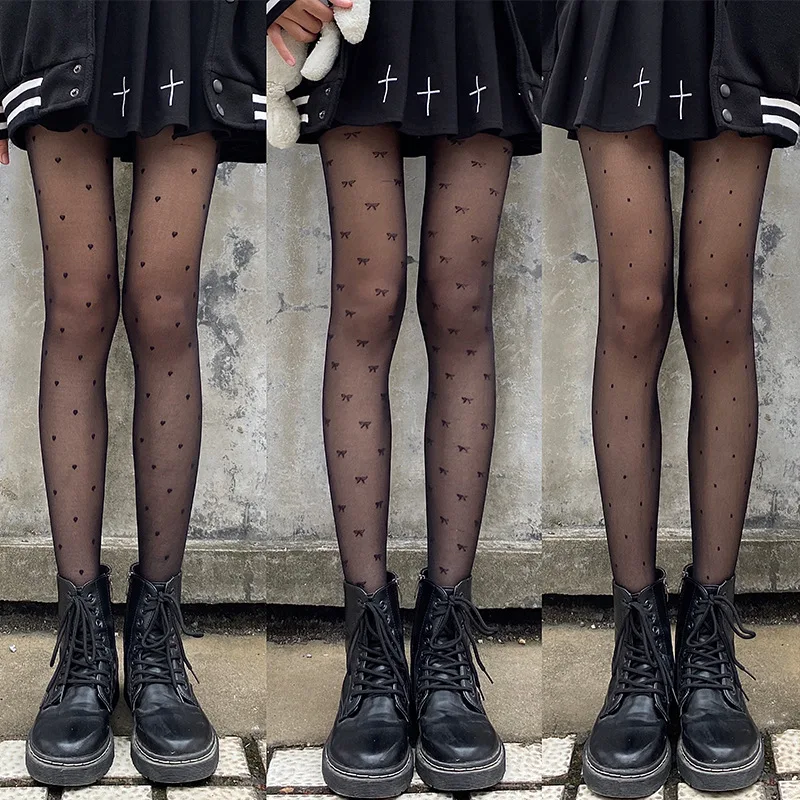 Calze Sexy a Pois in Seta con Fiocco/Cuore, Collant Sottili da Donna, Pantyhose in Nylon Nero/Bianco, Calze in Seta per Discoteca, Calze Femminili