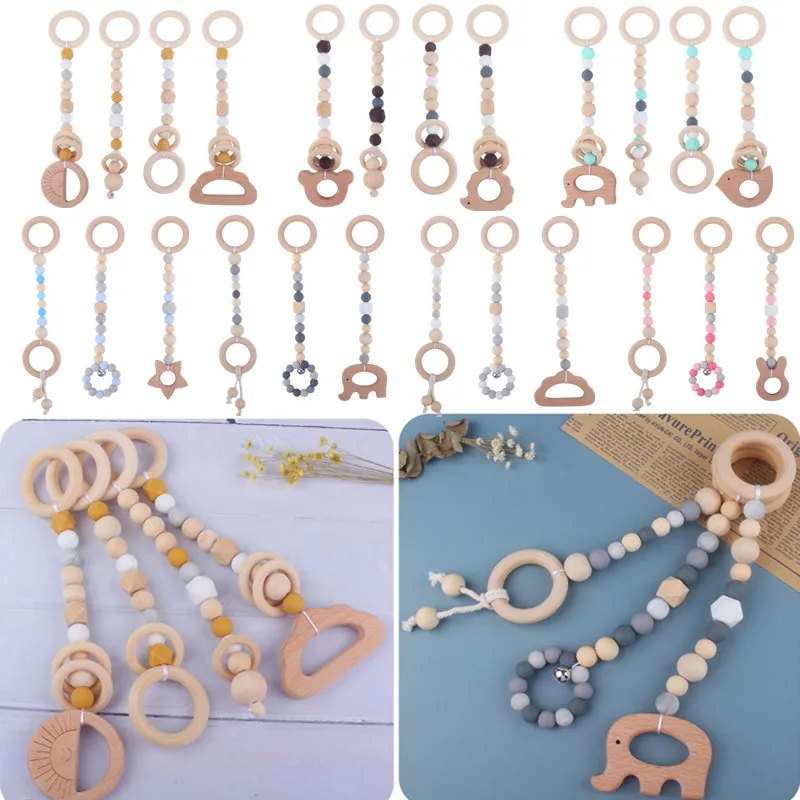 3/4 Pcs Baby Gym Rahmen Buche Holz Ring Baby Fitness Rack Anhänger Silikon Perlen Beißring Neugeborenen Kinderwagen Rassel Spiel Image