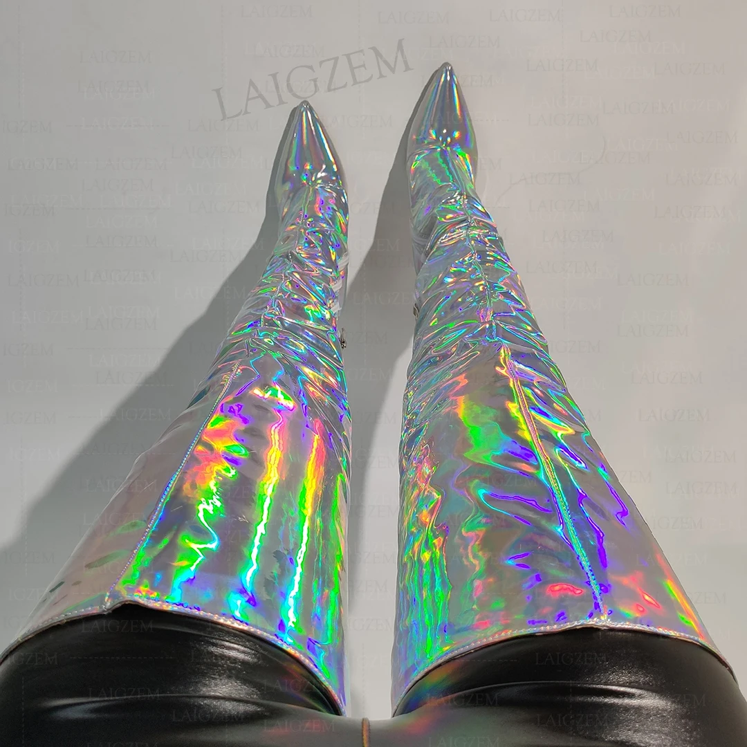 Laigzem Frauen Oberschenkel hohe Stiefel holo graphische Seite Reiß verschluss dünne High Heels über Knie Stiefel Party Damen Schuhe Frau große Größe 43 45 47