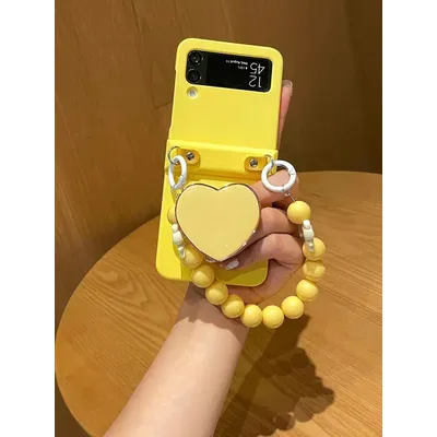 For Samsung Galaxy Z Flip 6 5 4 3 5G F7110 F7070 Unique Heart Stand Holder Pearl Wrist Skin Phone