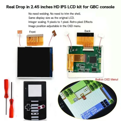 HISPEEDIDO Drop in 2.45" GBC IPS Screen PCB Mod Kits Replacement Easy Installation OSD Pixel Effect