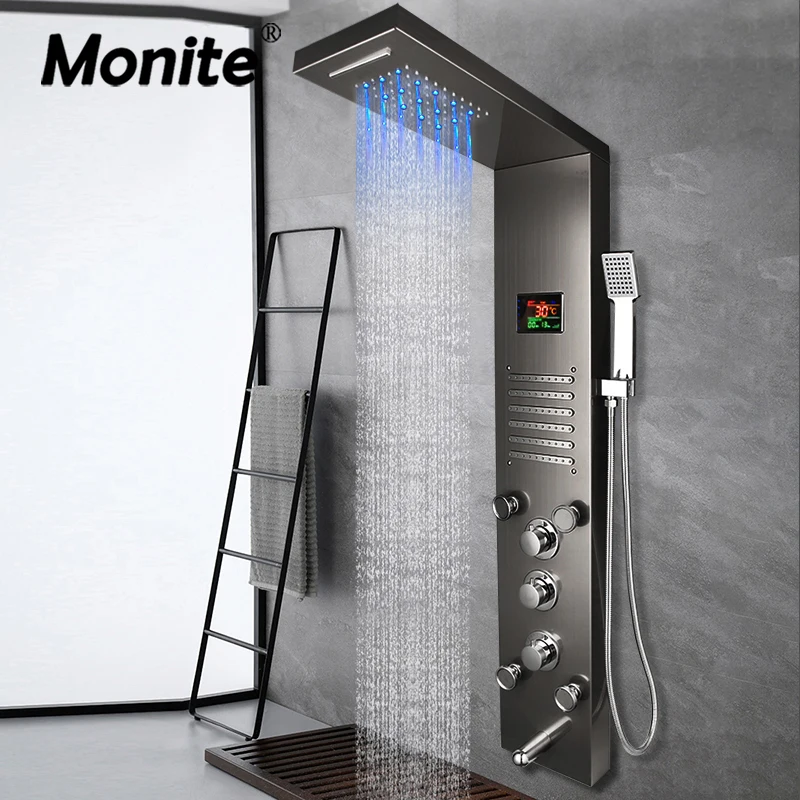 Monite Schwarz Nickel Gebürstet Digital Display Dusche Panel Spalte LED Regen Wasserfall Dusche Spa Jets Bad Dusche Mixer Wasserhahn