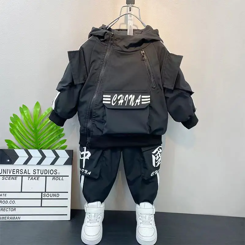 Baby Jungen Kleidung Set Frühling und Herbst Neue Hübsche Kinder Kapuzenjacke Hosen Zweiteilige Kleidung Sport Set 2-9Y Image