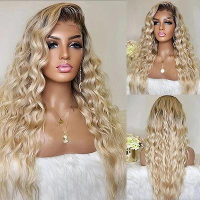 Remy Human Hair 13x4 Lace Front Wig Free Part Brazilian Hair Wavy Water Wave Blonde Wig 130% 150% Density with Baby Hair Color Gradient Ombre Hair For Women Long Human Hair Lace Wig