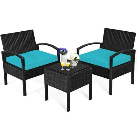 YYAo 3-Piece Outdoor Patio Furniture Wicker Bistro Set All-Weather Rattan Conversation Chairs for Backyard Balcony and Deck with Soft Cushions Side Table Blue
