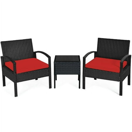 YYAo 3-Piece Outdoor Patio Furniture Wicker Bistro Set All-Weather Rattan Conversation Chairs for Backyard Balcony and Deck with Soft Cushions Side Table Red