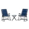 YLtoohoom 3 Piece Outdoor Patio Set with Glass Coffee Table & 2 Folding Padded Rocking Chairs Bistro Style for Porch Camping Balcony Navy Blue
