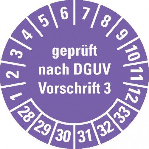 Dreifke® Prüfplakette gepr.n. DGUV Vorschrift 3 28-33, violett, Dokumentenfolie, Ø 20mm, 36 Stk. Image