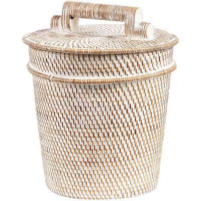 Korb weiß Rattan bemalt 21 cm hoch Aufbewahrung mit Deckel Boho Rustikales Dekor