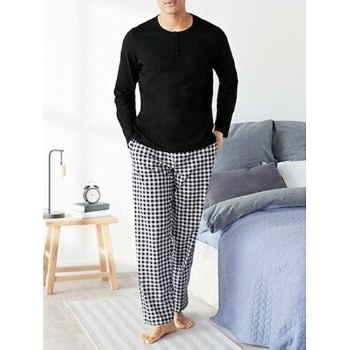 Herren Hausanzug Schlafanzüge Schlafanzug Set Pyjama-Oberteil und Hose 2 Stück Plaid Stilvoll Brautkleider schlicht Komfort Heim Täglich Baumwollmischung Komfort Rundhalsausschnitt Langarm T Shirt Image