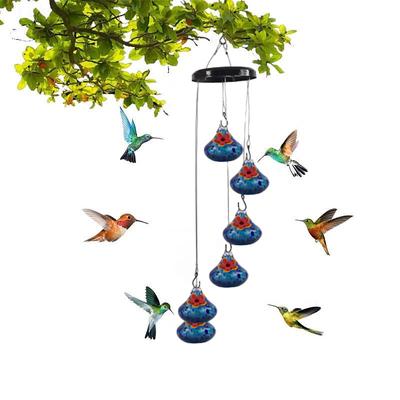Wind Chime Hummingbird Feeder, Hand Blown Glass Hummingbird feeders for Outdoors Hanging, 6 Feeding Stations, Unique Garden Decor, Hummingbird Gifts