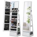 FENGPU 360Â° Swivel Jewelry Cabinet with Lights Touch Screen Vanity Mirror Rotatable Full Length Mirror with Jewelry Storage Standing Jewelry Armoire Organizer Foldable Makeup Shelf White