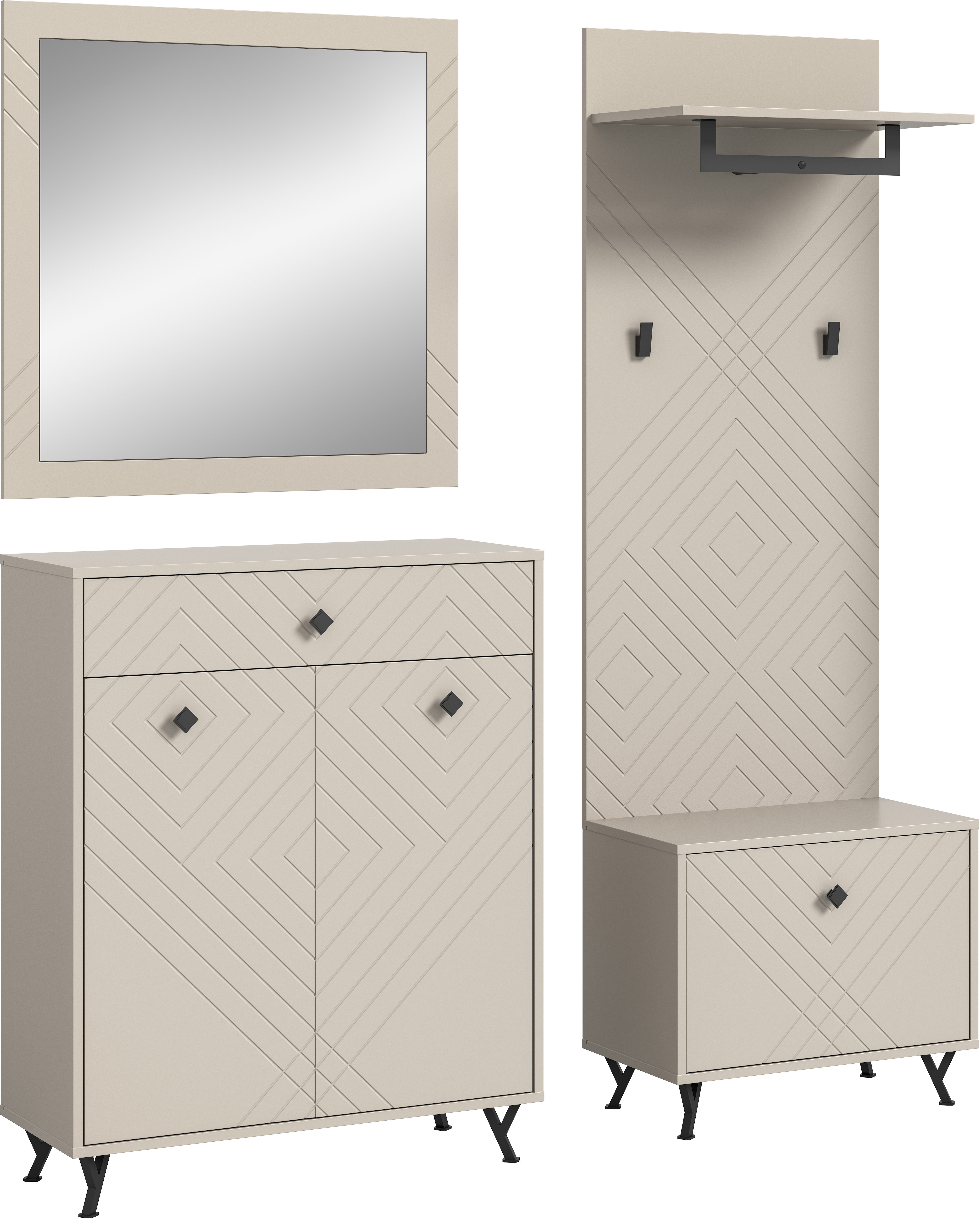 Garderoben-Set INOSIGN "Mento, 4-teilig, Ornamentfräsung in der Front, bestehend aus:", beige (sandbeige), B:195cm H:190cm T:35cm, Glas, Holzwerkstoff, MDF, Kastenmöbel-Sets, Kommode, Spiegel, Sitzbank & Garderobenpaneel, Metall Griffe & Füße