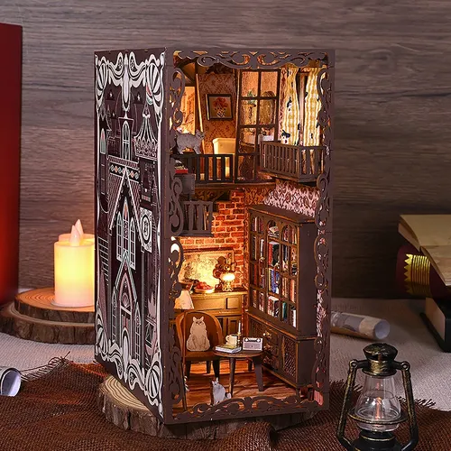 DIY Buch Ecke Kit Holz Puppen häuser Puzzle Bücherregal Einsatz Dekor mit LED Licht Puppenhaus