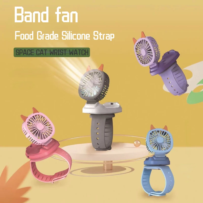 Tragbare Handgelenkschlaufe, Mini-Uhr, Handventilator, USB-Aufladung, kleine wiederaufladbare Ventilatoren mit bunten LED-Leuchten, Cartoon-Katzen-Design Image