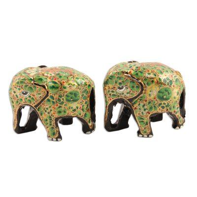 Green Flower Friends,'Green Floral Papier Mache Elephant Figurines (Pair)'