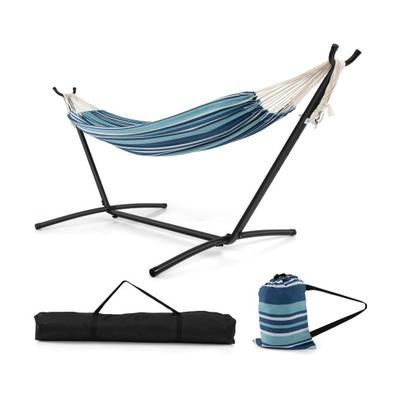 Costway Portable Indoor Outdoor 2-Person Double Hammock Set with Stand and Carrying Cases-Blue