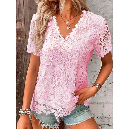 Damen Spitzenbluse V-Ausschnitt Blumen Kurzarm weiß elegant romantisch halbtransparent atmungsaktiv Top Frühling Sommer lässig Event Mode Kleidung Image